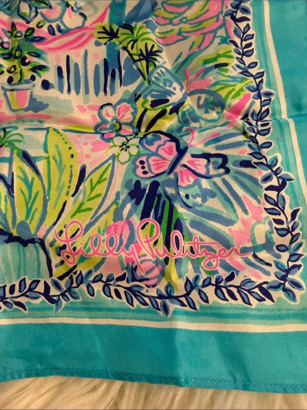 Lilly Pulitzer Tropical Floral Silk-Feel Scarf in Turquoise and Pink 100% silk